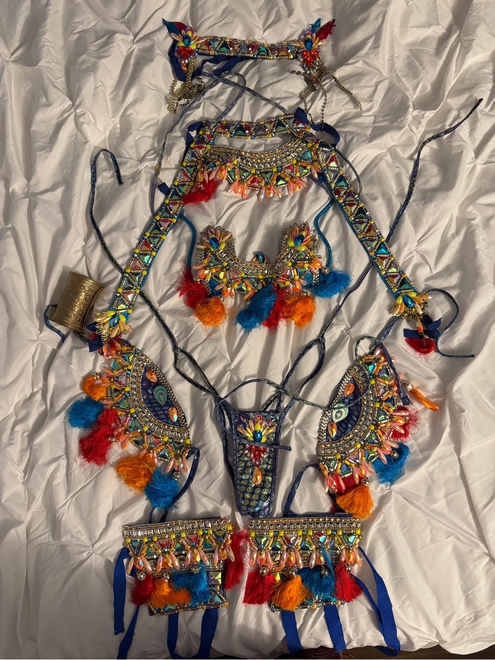 Blue Jewelled Orange Gem Embellished Crystal Carnival Costume Festival Tassels - Picture 3 of 9